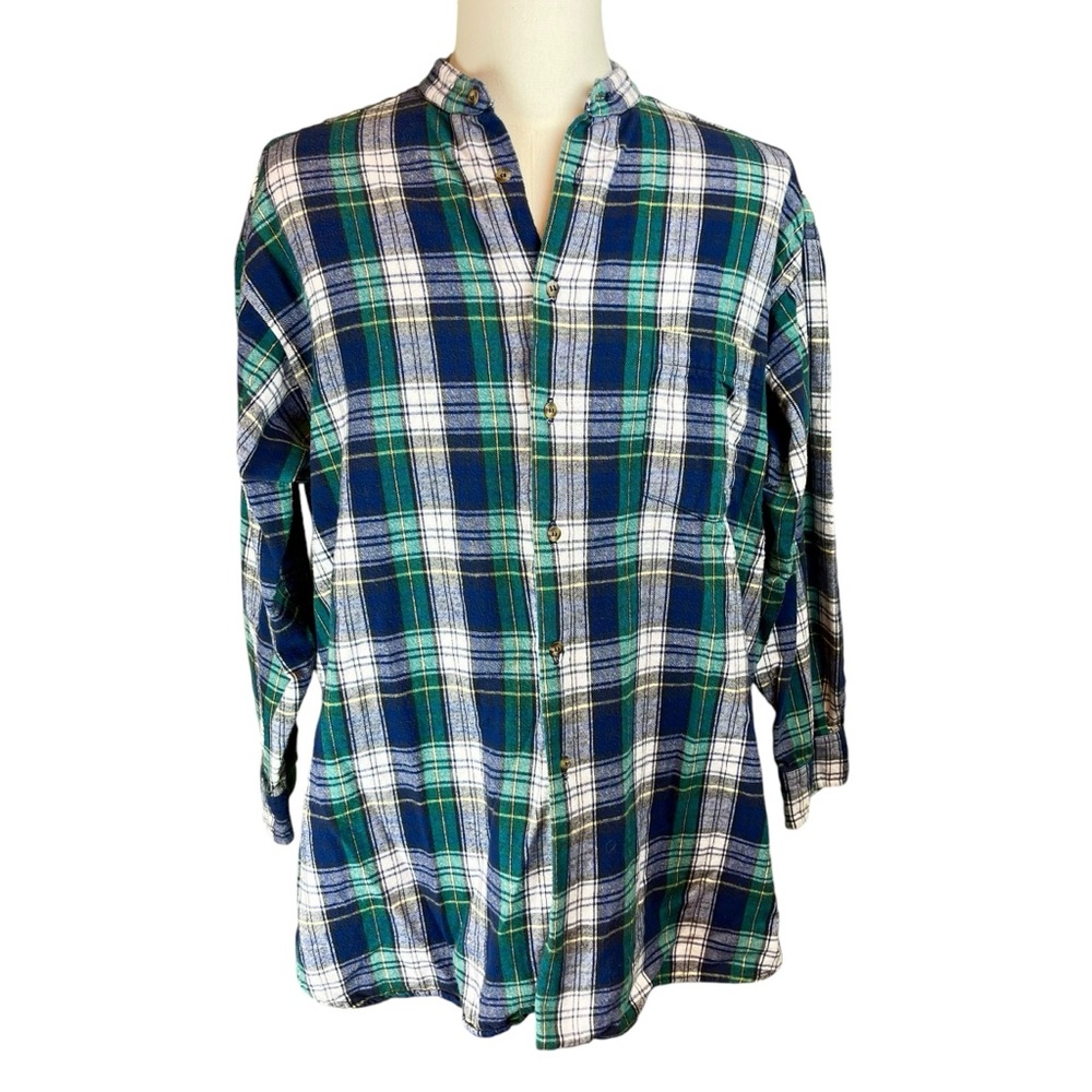 Vintage ABERCROMBIE & FITCH 1892 Green Plaid Flannel Shirt L Band Collar Henley